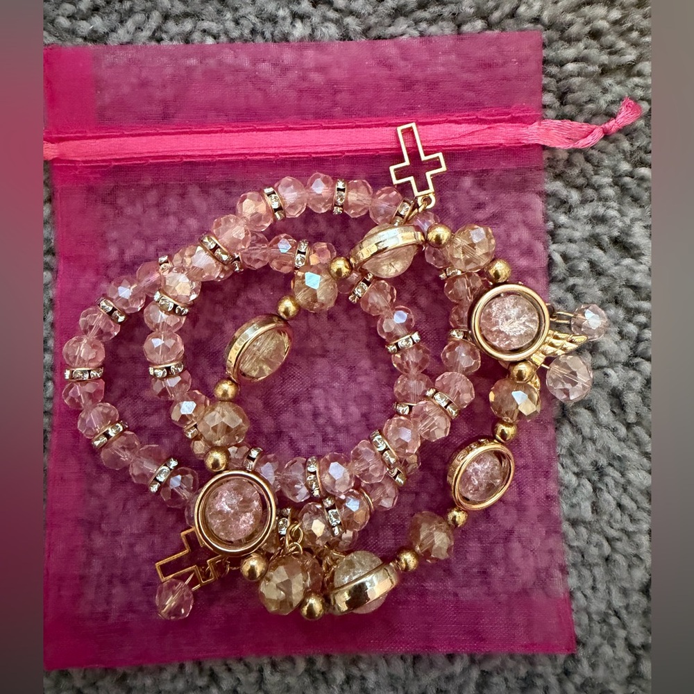 Crystal Beaded Bracelet Set Cross & Angel Charms accented w/ gold tone accents